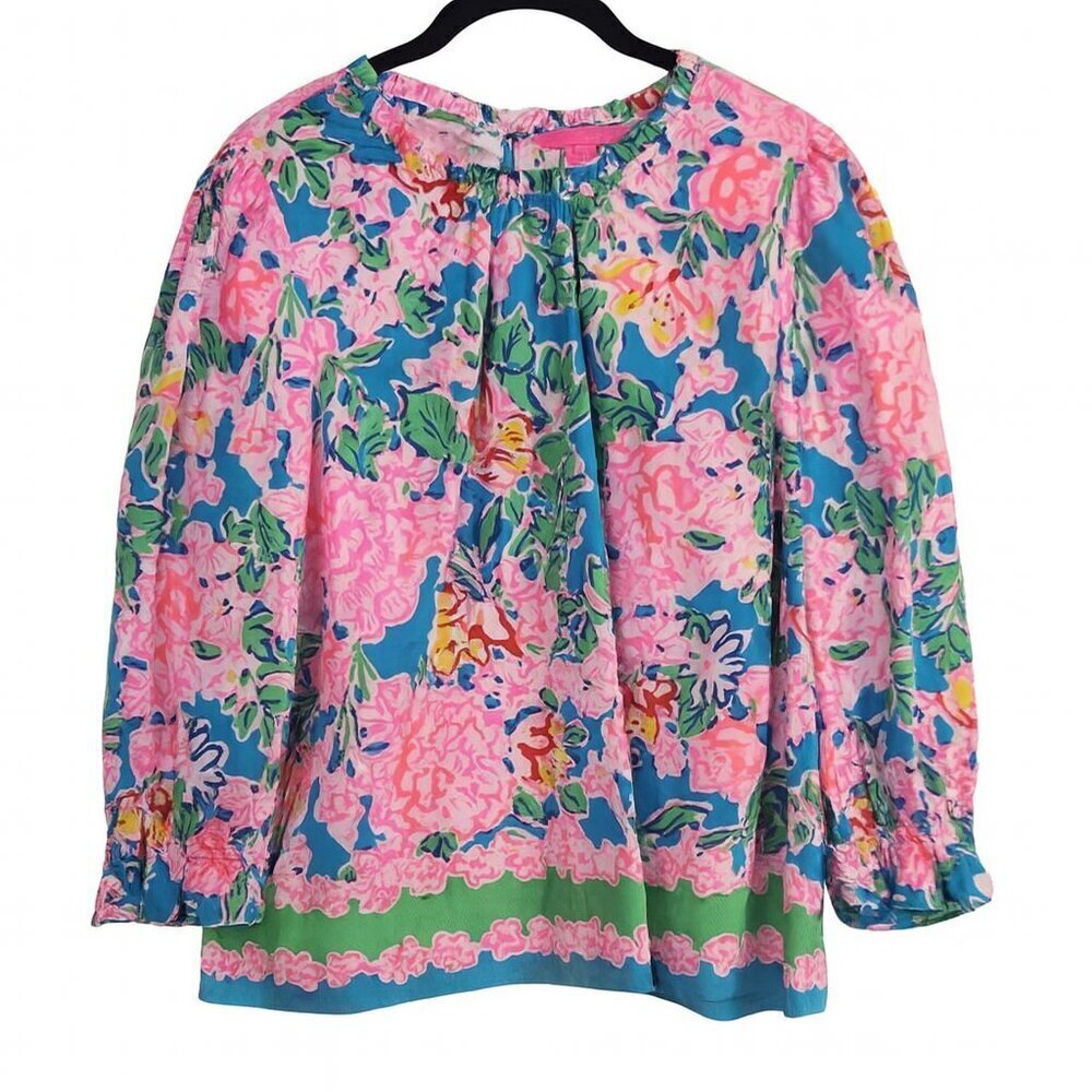 Lilly Pulitzer Preppy Colorful Trista Blouse Top Multi Rose to the Occasion L